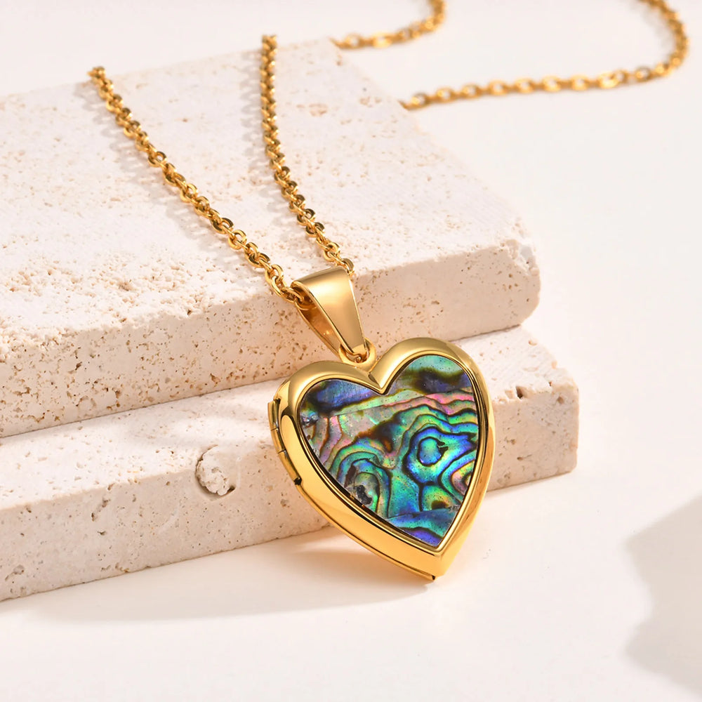Custom Photo Heart Pendant | Abalone Shell Stainless Steel Necklace alternate view