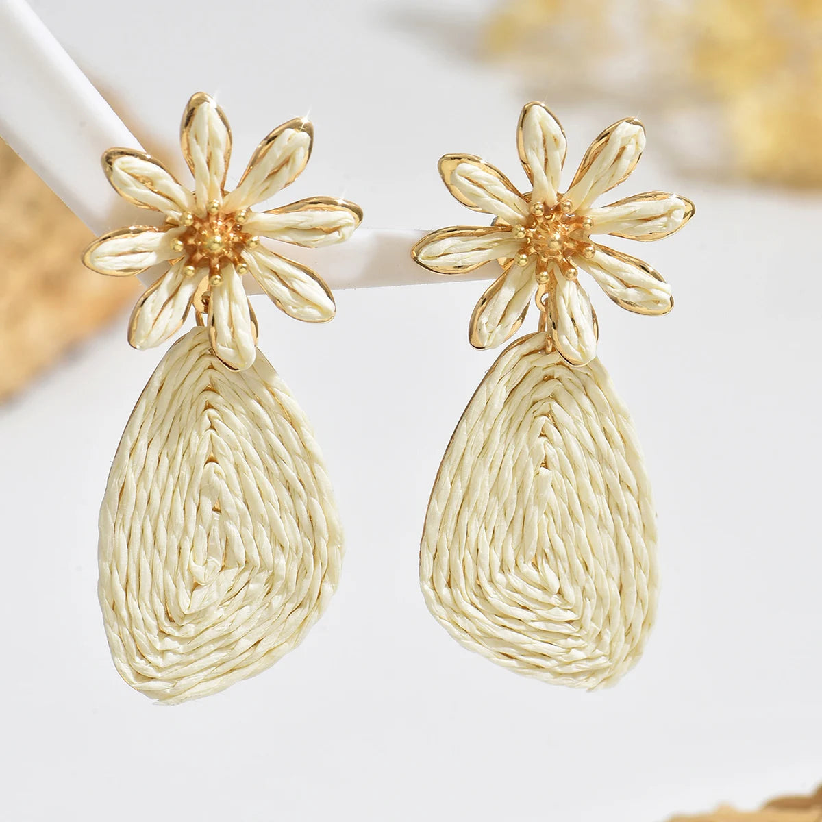 Bohemian Raffia Flower Drop Earrings | Handmade Summer Jewelry detail view