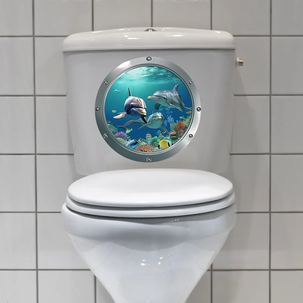 Classic 3D Sea World Dolphin Toilet Stickers | Self-Adhesive Waterproof Decor close-up view
