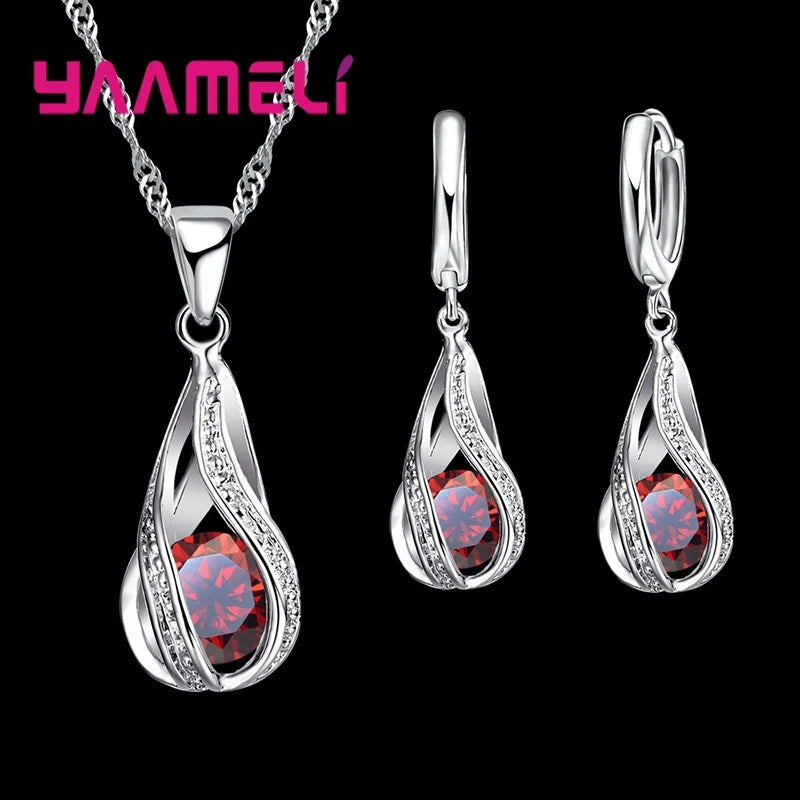 Hot Water Drop CZ 925 Sterling Silver Plated Jewelry Set For Women Pendant Necklace Hoop Earrings Wedding Party Ceremoey Anel