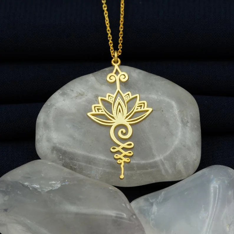 Stainless Steel Unalome Pendant Necklace | Yoga Jewelry with Lotus Flower detail view