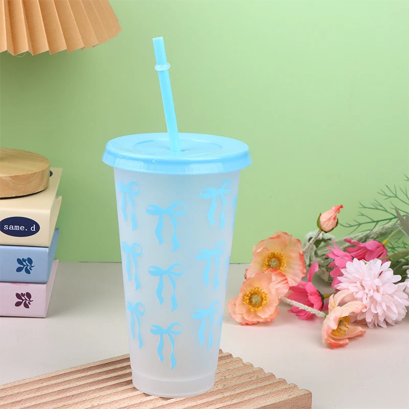 710ml Bow Reusable Party Cups With Straw Lid Coffee Juice Tea Cute Tumbler With Straw alternate view