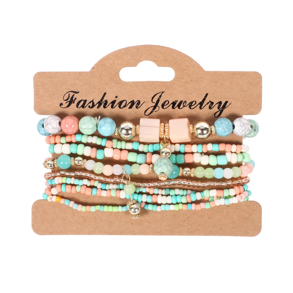 Bohemian Handmade Beads Bracelet Set For Women Summer Colorful Beaded Chain Bangle Gir close-up view