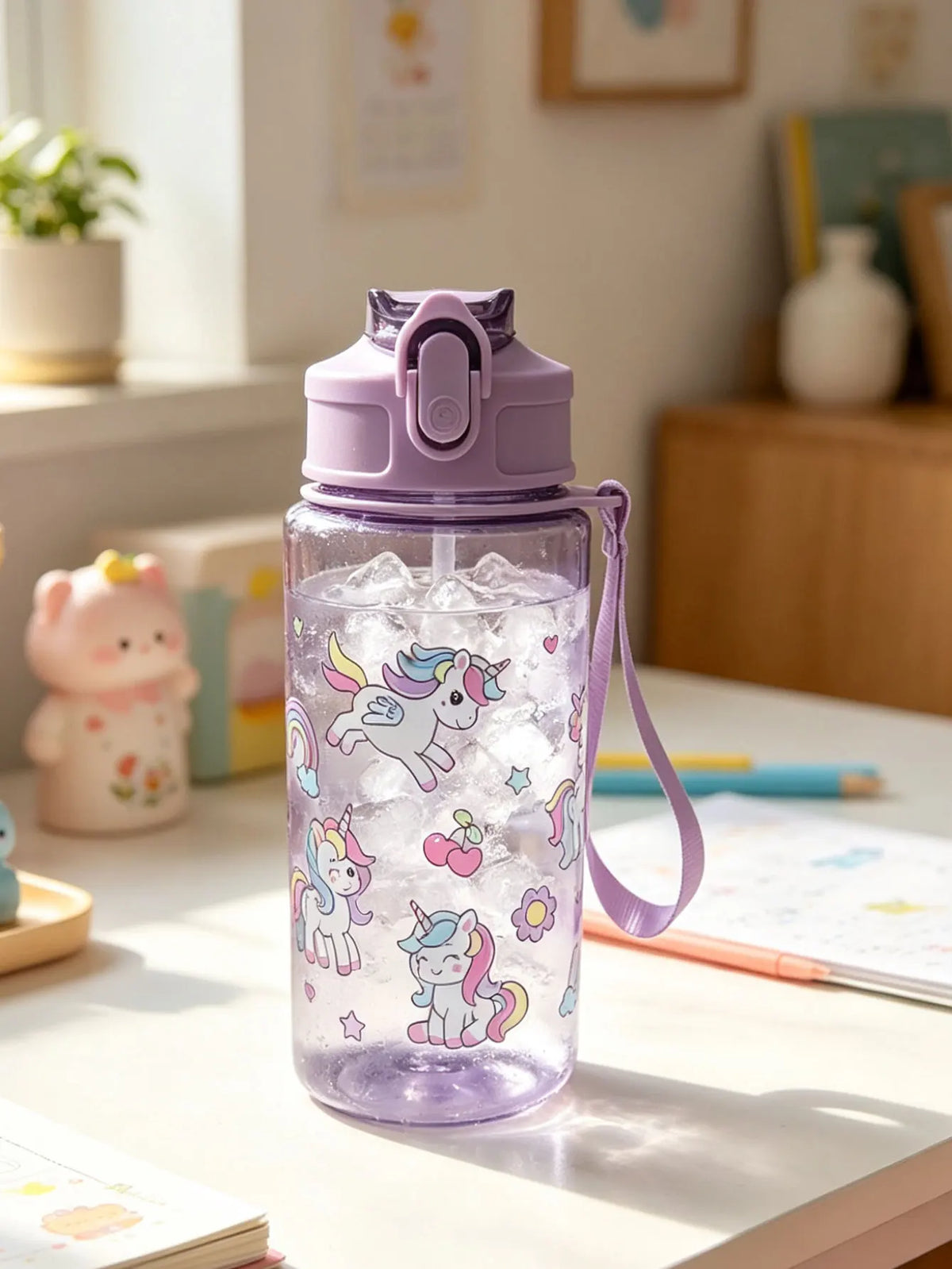 1 Piece 500ml (19 fl oz) Cartoon Printed Straw Cup, Summer Plastic Water Bottle, BPA lifestyle view