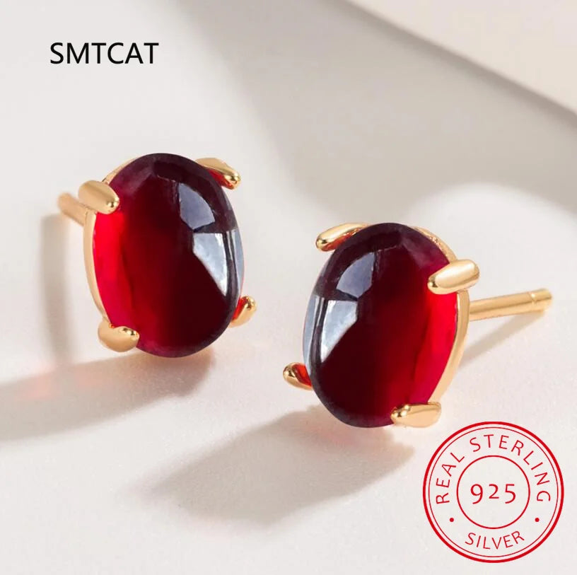 Oval Cut Red Genuine Natural Garnet Ruby 925 Sterling Silver Stud Earring for Women additional angle