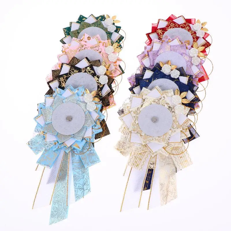 Big Bow Anime Badge Display Rosette With Gold Accents And Butterfly Decor Perfect For close-up view