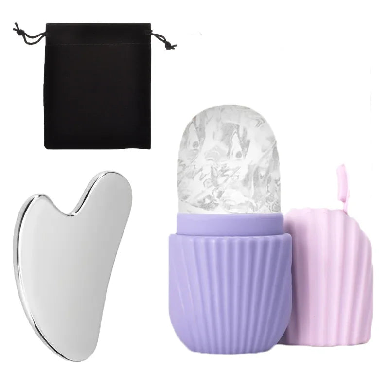 Ice Face Roller and Gua Sha Set | Stainless Steel Facial Massage Tools additional angle