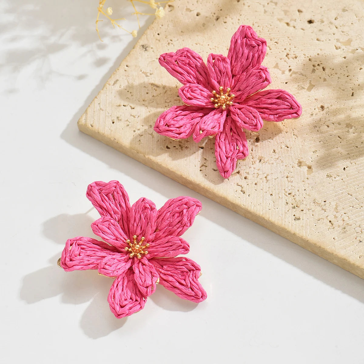 Boho Handmade Raffia Flower Earrings | Unique Summer Floral Drop Earrings for Women close-up view