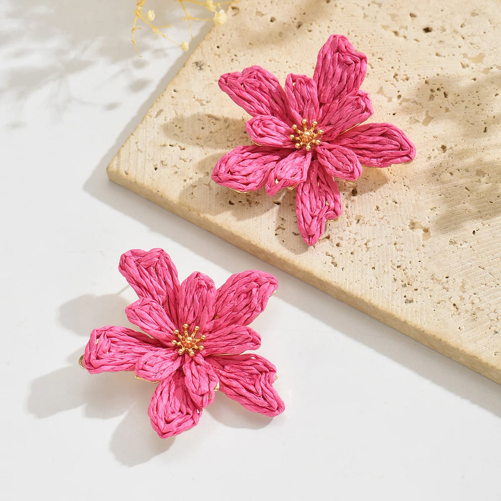 Boho Handmade Raffia Flower Earrings | Unique Summer Floral Drop Earrings for Women close-up view