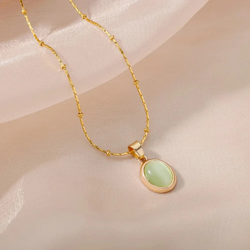 Fashion Stone Opal Oval Necklace For Women Stainless Steel Gold Color Oval Stone Penda close-up view