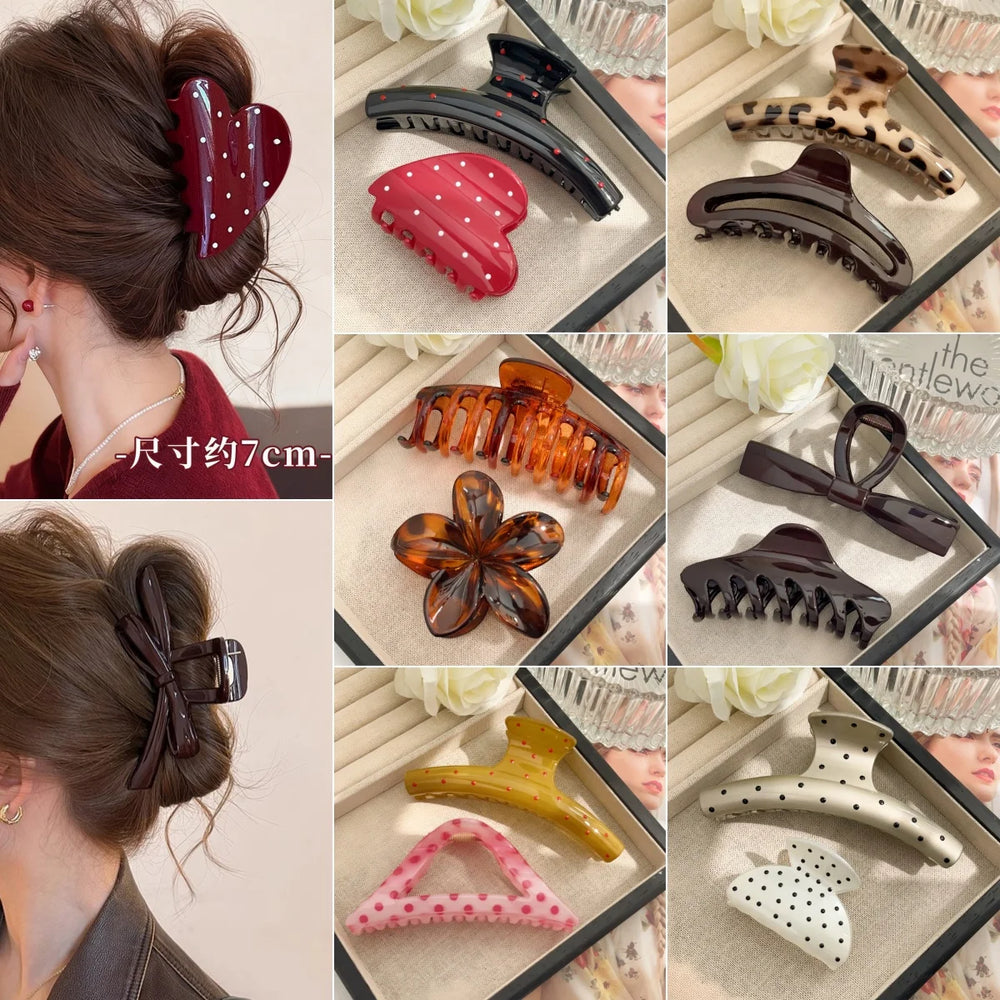 2pcs/set Hair Claw Clips for Women Girls Heart Bow Dots Leopard Large Small Crab Hairpins Barrette H