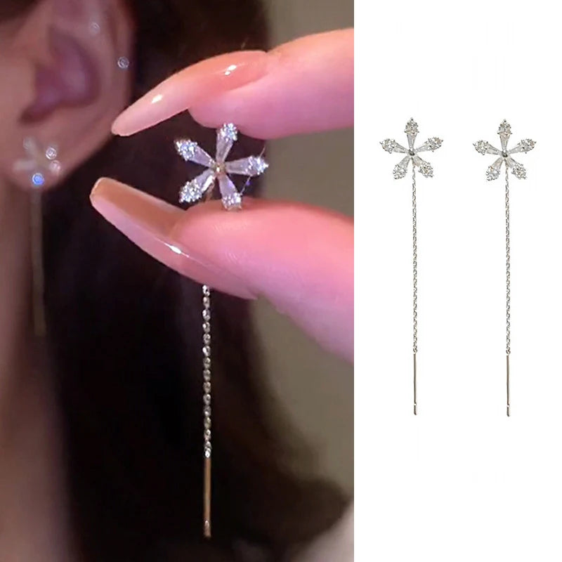 JWER S925 Silver Needle Star Line Earring for Women Tassel Drop Earring Long Chain Be lifestyle view