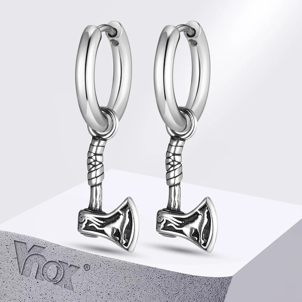 VNOX Viking Axe Hoop Earrings | Stainless Steel Men's Drop Dangle Earrings