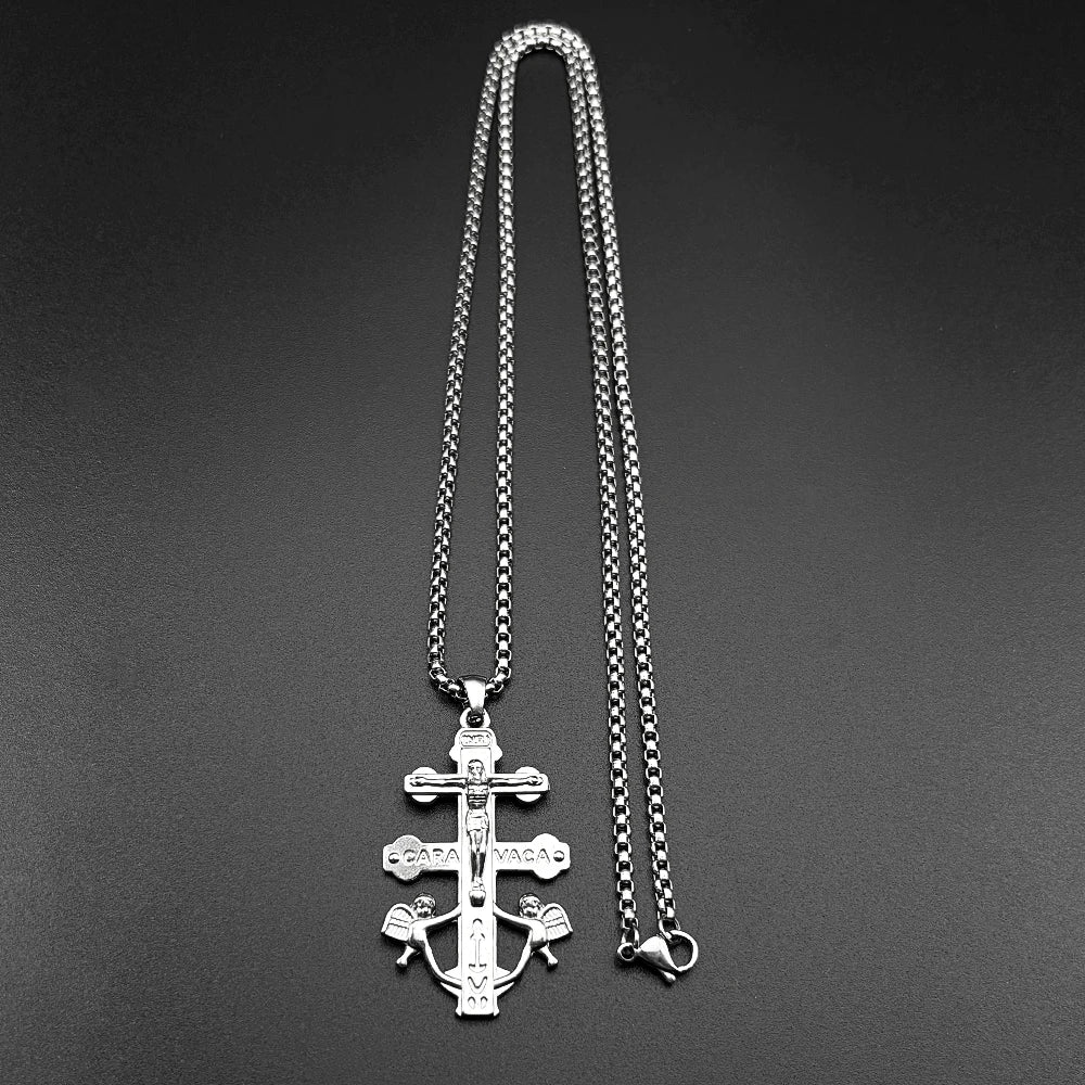 Catholic INRI Caravaca Cross Jesus Crucifix Cherub Angel Pendant Necklace for Women Men detail view