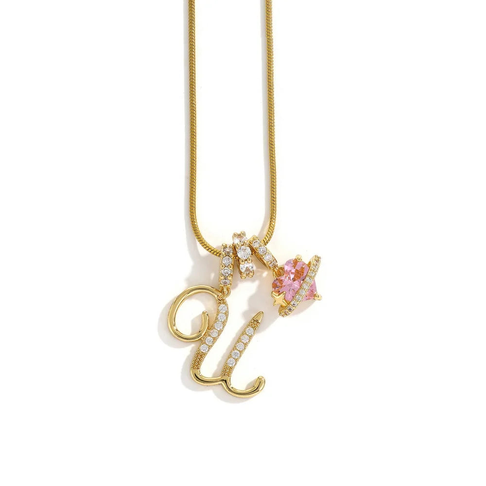Gold Color Zircon Flower Pendant Necklace Female A-Z 26 Letter Alphabet Wedding Jew additional angle