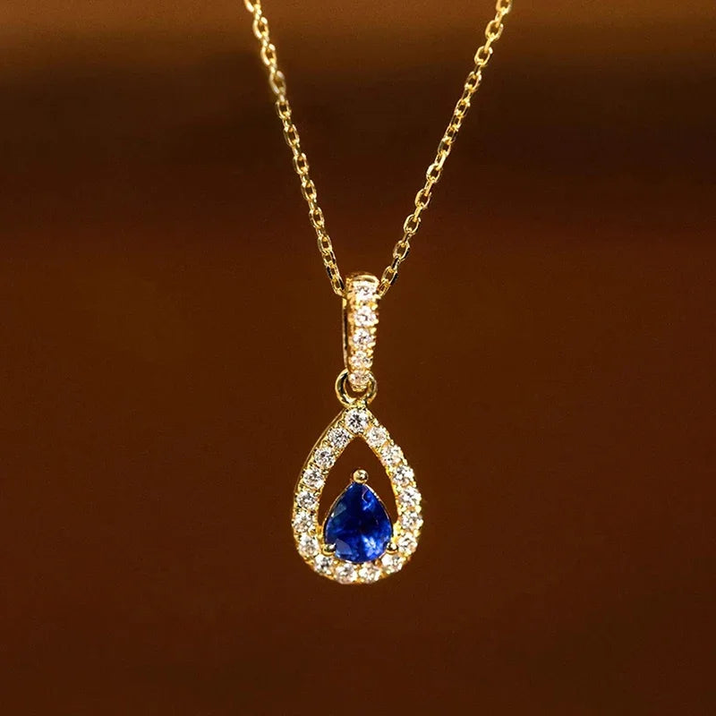 Huitan Gold Color Waterdrop Pendant with Blue Cubic Zirconia Necklace for Women Temperament Accessor