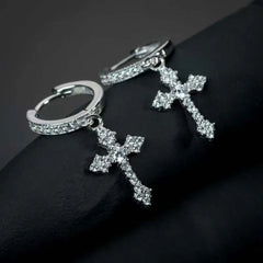 Korean Sliver Color Zircon Cross-Shape Drop Earrings | Punk Hip Hop Crystal Pendant Earrings