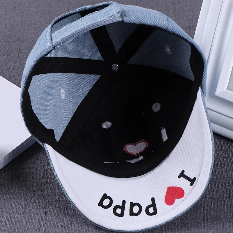 Baby Denim Baseball Cap with I Love Mama Lettering | Summer Hat for Boys and Girls lifestyle view