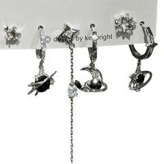 6PCS Goth Punk Vintage Aesthetic Crystal Heart Moon Cross Star Pendant Earrings Set | Gr detail view