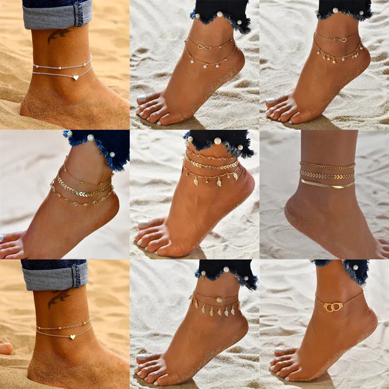 Modyle Gold Silver Color Chain Multilayer Anklets Women Beads Anklet Leg Chain Ankle Bracelets Beach