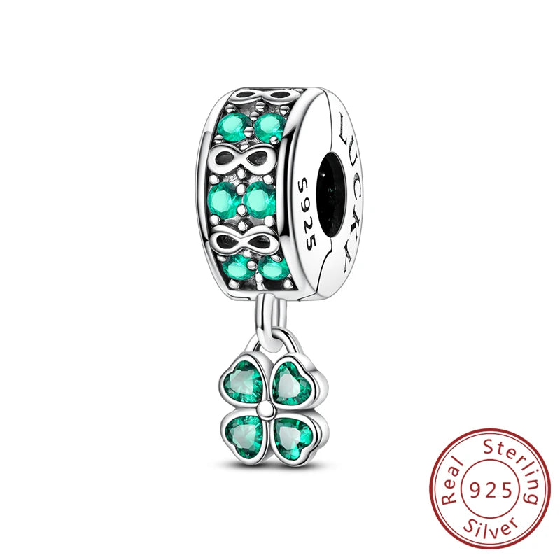 925 Sterling Silver Pendant Charms Beads Green Four-leaf Clover Love Family Tree Charms detail view
