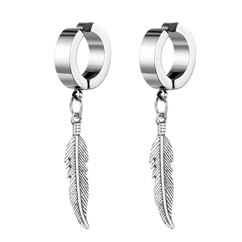 2pc Korean Fashion Punk Rock Cross Feather Stud Earrings for Women And Men High Quality Stainless Steel Hip Hop Ear Jewelry