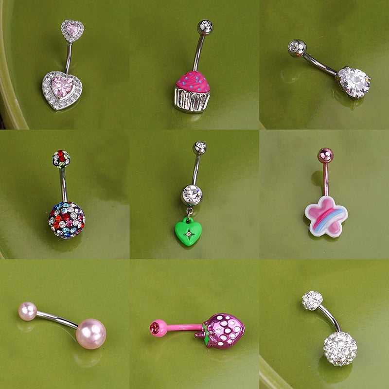 Sweet Dinosaur Navel Ring Zircon Heart Strawberry Belly Button Ring For Women Body Pierc detail view