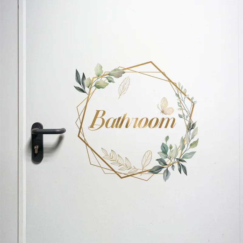 Green Plant Toilet Door Sticker Golden Letter Removable Self-adhesive Waterproof PVC B close-up view