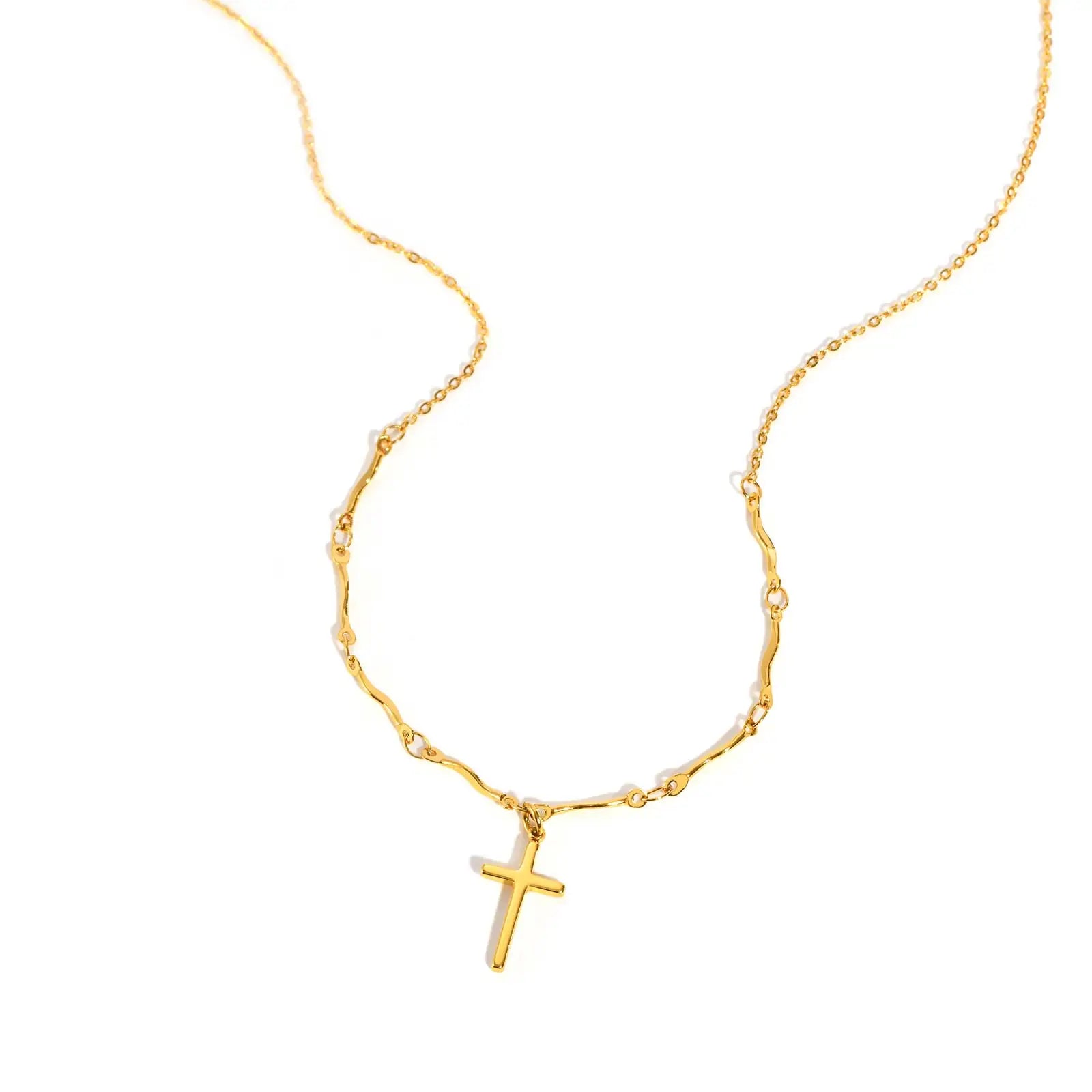 Minimalist Stainless Steel Cross Pendant Necklace, Non-fading Gold Plated Wave Chai additional angle