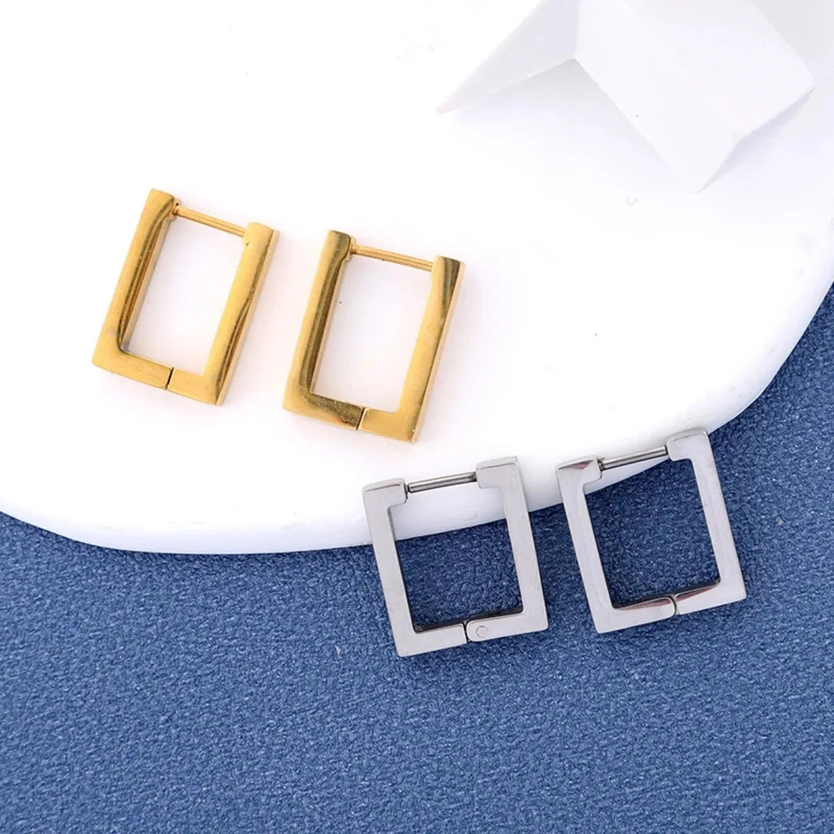 Geometric Stainless Steel Hoop Earrings | Square Triangle Punk Jewelry for Men Women detail view
