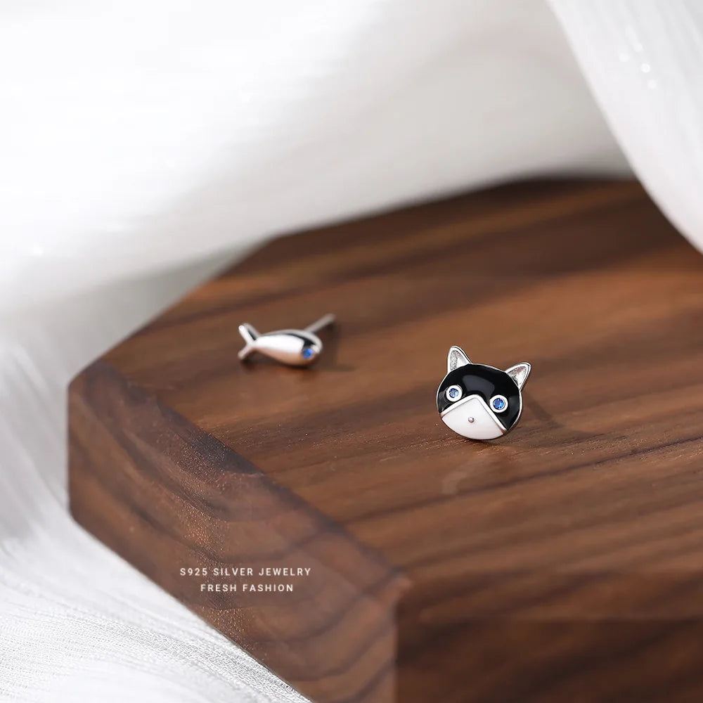 925 Sterling Silver Fish Cat Stud Earrings | Women's Wedding Luxury Piercing Jewelry detail view