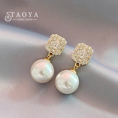 Gold Tone Pearl Drop Earrings | Shiny Crystal Pendant Jewelry