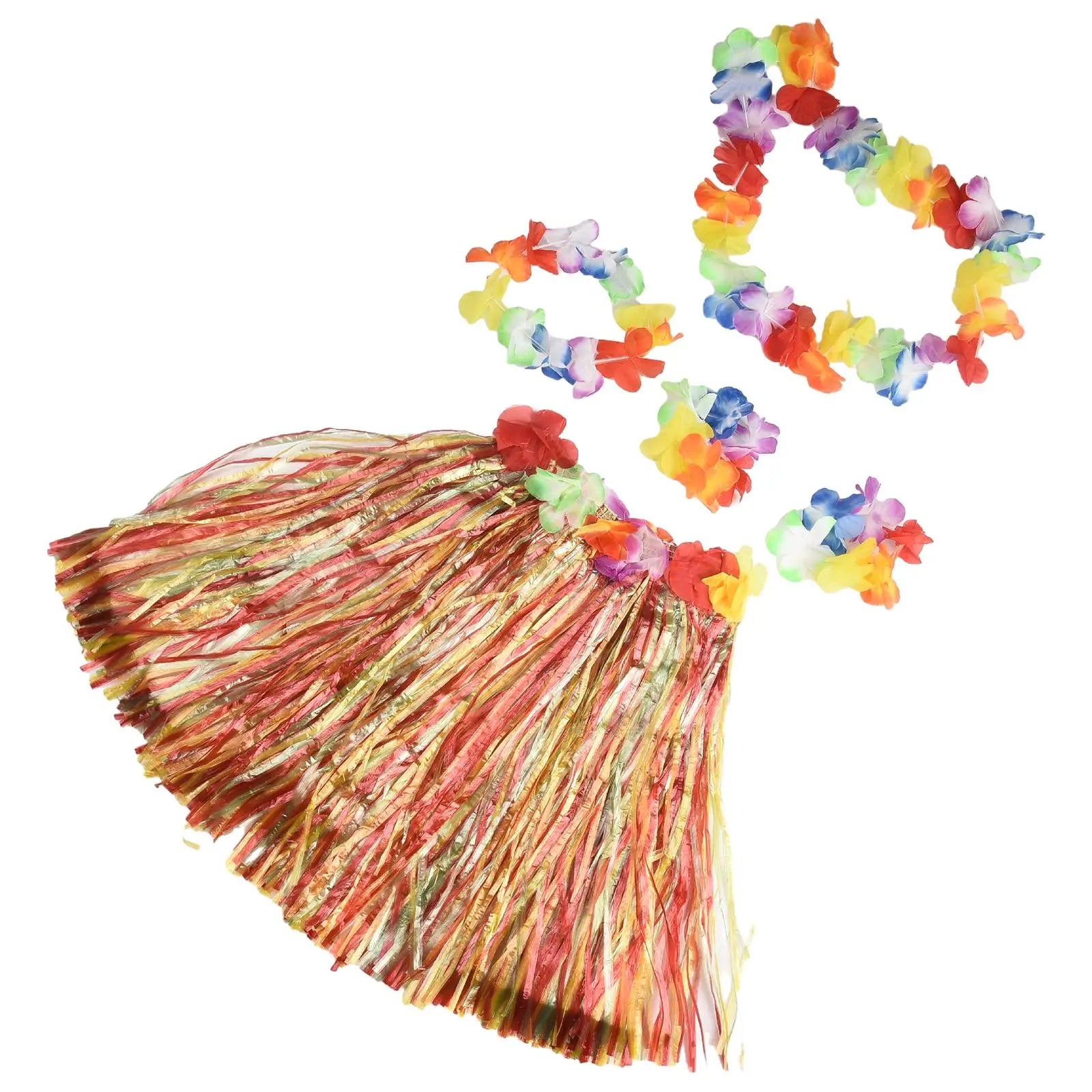Kids Hawaiian Luau Costume Set | Grass Skirt Lei Flower Bracelets Headband detail view