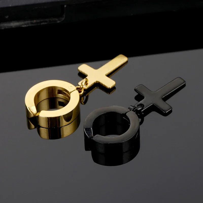 Stainless Steel Clip On Cross Earrings | Non Piercing Gothic Punk Jewelry for Men Women detail view