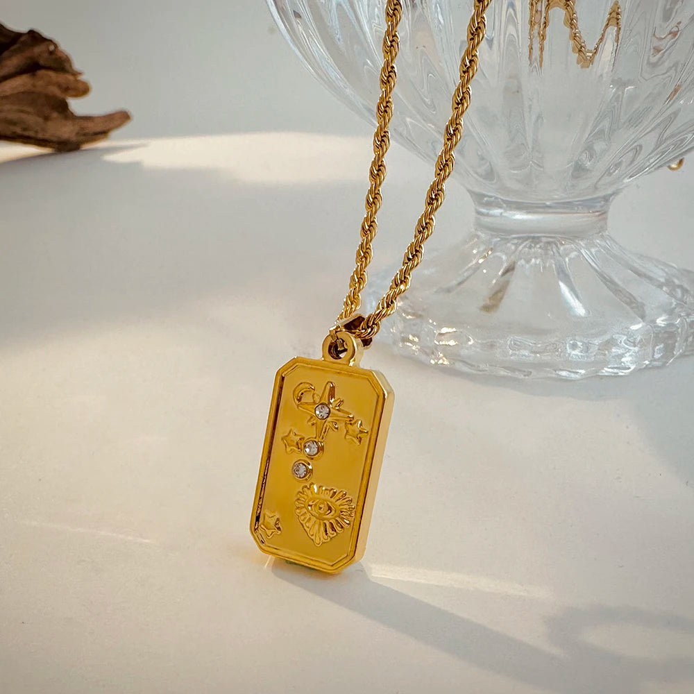 Vintage Gold Pendant Necklace | Hammered Moon Star Stainless Steel Jewelry close-up view