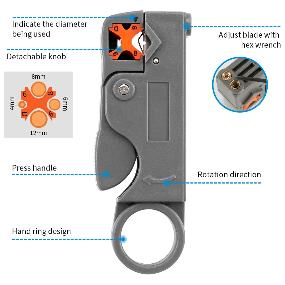 Stainless Steel Coax Cable Stripping Pliers | Adjustable Wire Stripper Tool close-up view