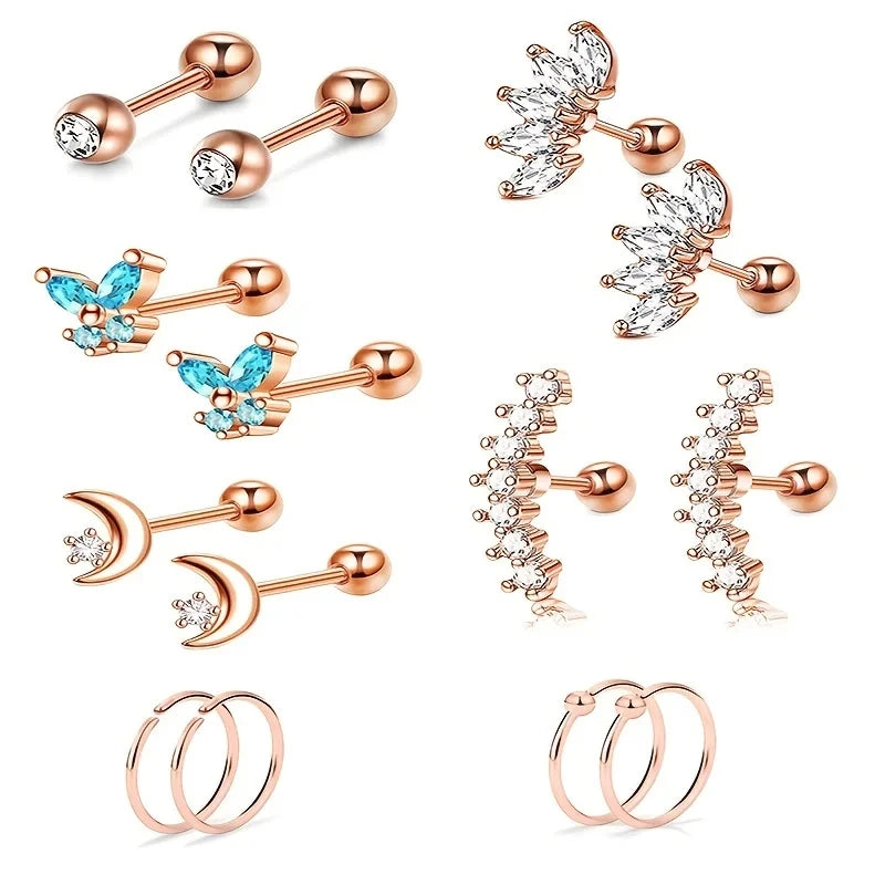 1/7Pairs Stainless Steel Unisex Cartilage Stud Earrings,Inlay Cubic Zirconia Hypoalle alternate view