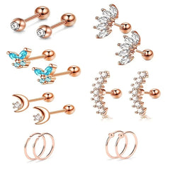 1/7Pairs Stainless Steel Unisex Cartilage Stud Earrings,Inlay Cubic Zirconia Hypoalle alternate view