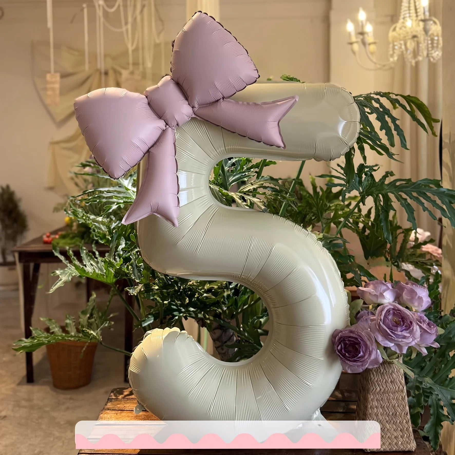 2 Pcs 32 Inch Cream Digital Balloon Set with Pink Bow | Aluminum Foil Party Decor lifestyle view