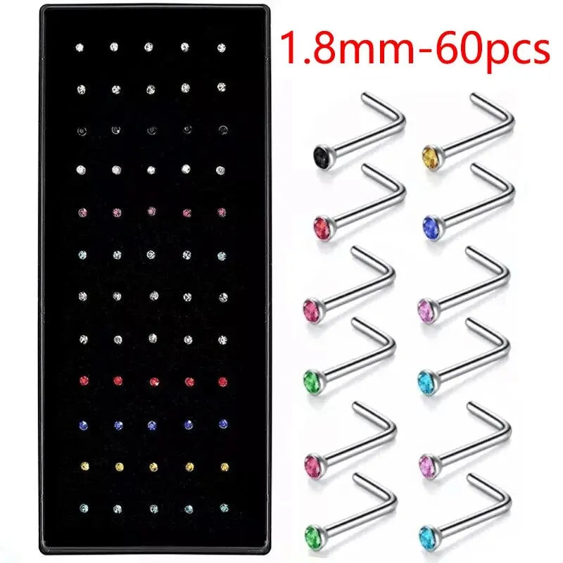 40/60 Pcs/Set Crystal Stainless Steel Nose Piercing Pack Straight Nose Ring Kit L Nose S detail view