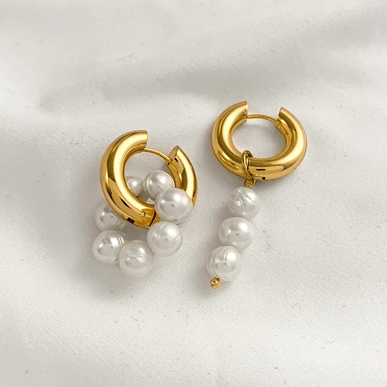 Trendy Asymmetry Pearl Drop Earrings | Stainless Steel Huggie Hoops for Women detail view