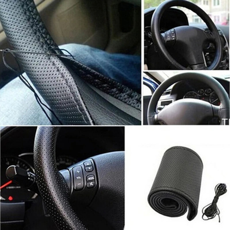Steering Wheel Cover Faux Leather 38cm DIY Stitching close-up view