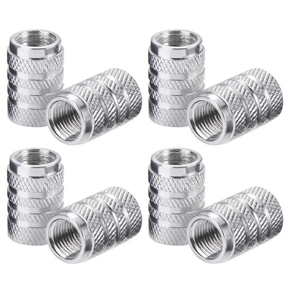 DSYCAR 4Pcs Silver Car Tire Valve Stems Cap Knurling Style Tire Valve Cap Aluminum Tir close-up view