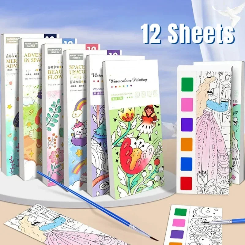 Kids Portable Watercolor Painting Book Paint With Water Brush Gouache Graffiti Pictur alternate view