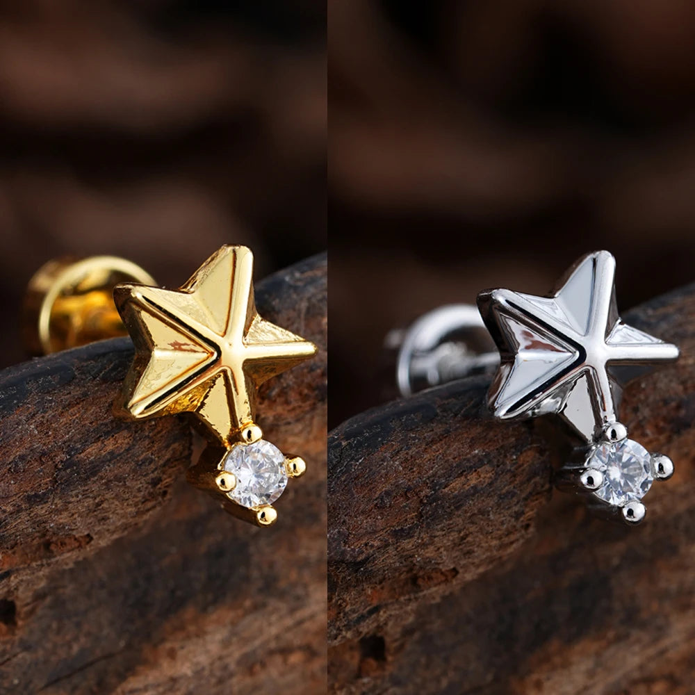 1pcs Crystals Zircon Ear Studs Smiling Crown Star-Style Earring Piercing Oreja Stainless Helix Cartilage Tragus Lobe Piercing