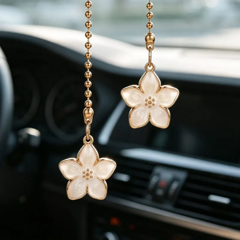 Pink Sakura Flower Rearview Mirror Pendant with Gold Chain close-up view