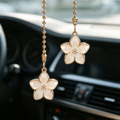 Pink Sakura Flower Rearview Mirror Pendant with Gold Chain close-up view