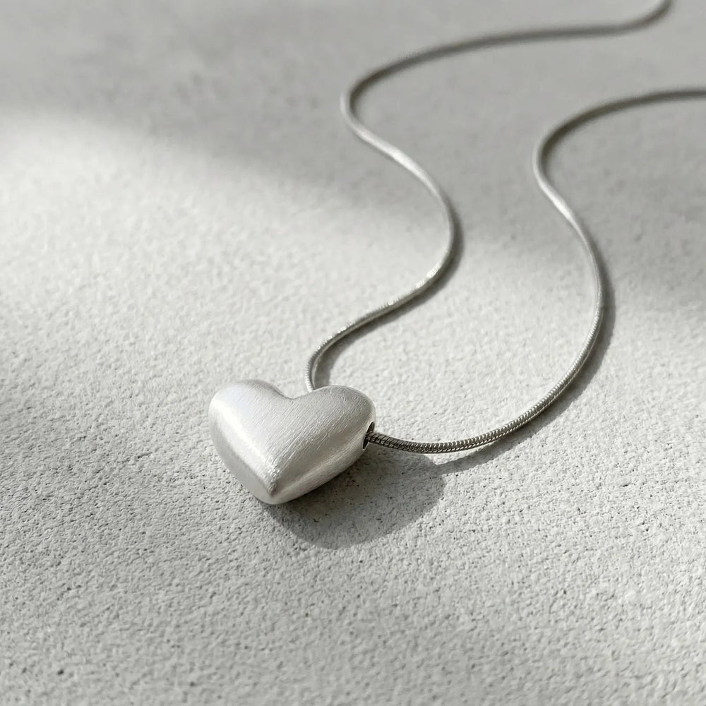 Vnox Minimalism Heart Pendant Snake Chain Necklace for Women Girls, Matte Silver Color close-up view