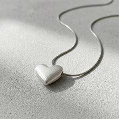 Vnox Minimalism Heart Pendant Snake Chain Necklace for Women Girls, Matte Silver Color close-up view