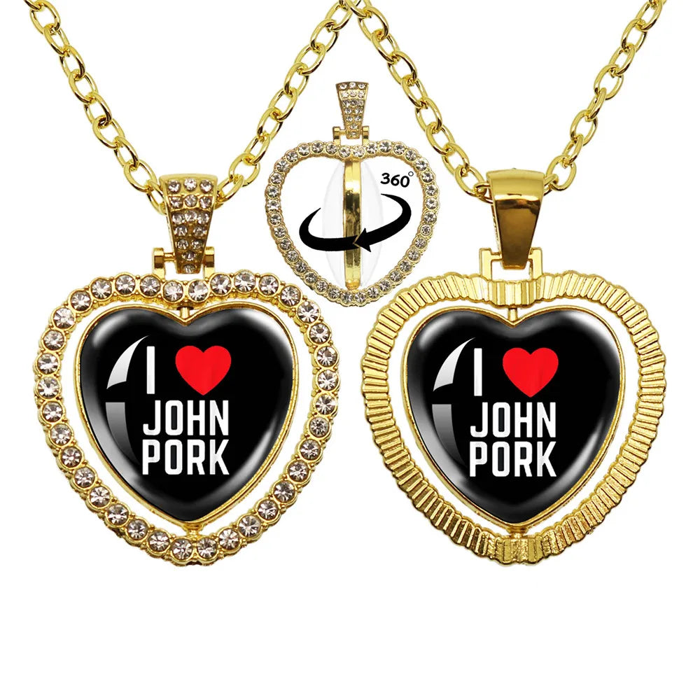John Pork is Calling Answer Call Phone Humor Funny Pig Lover Graphic Glass Cabochon Heart-Shape Pendant Necklace Jewelry Gift